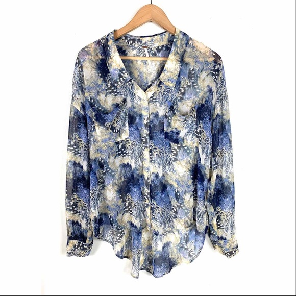 Free People Tops - Free People Sheer Blouse Top Blue Print Medium